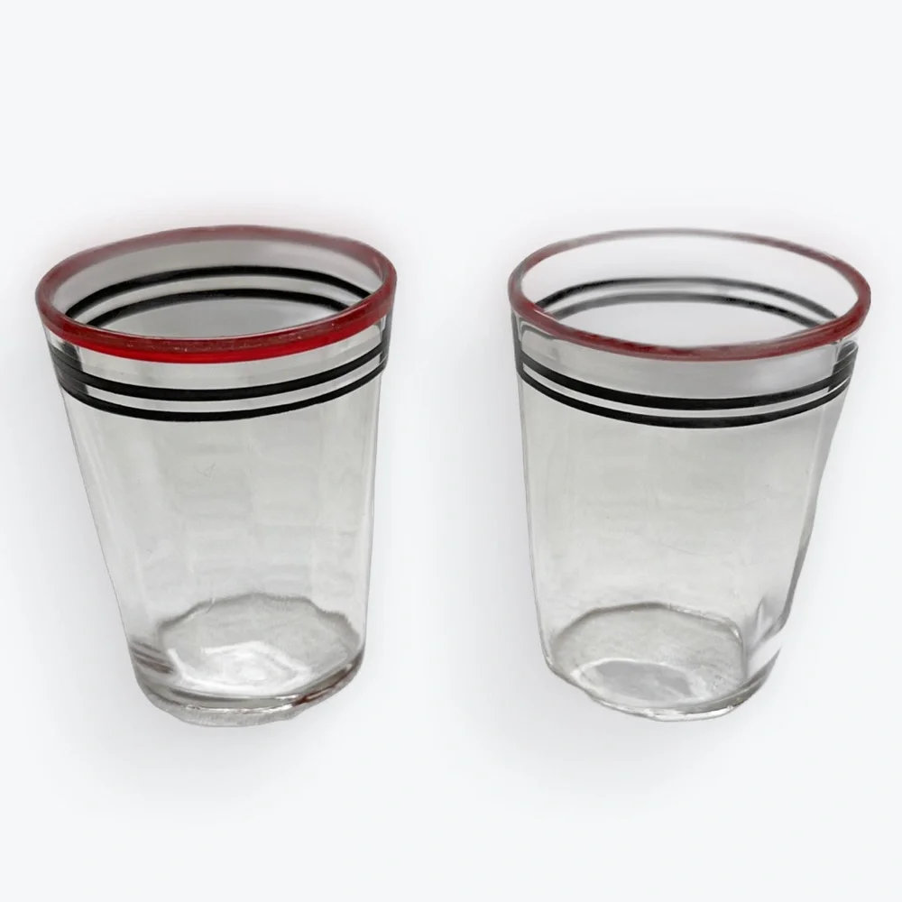 Vintage Nostalgic 1960s Era Matched Red & Black Banded Pair Clear Shot Glasses